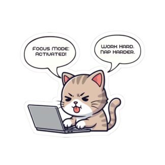 cute cat on laptop: “work hard. nap harder.”